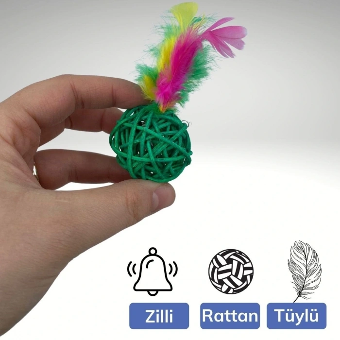 2li Rattan Renkli Peluş Tüy Kedi Köpek Oyuncak Yakalama Çiğneme Çıngıraklı Top Oyuncağı (5047)