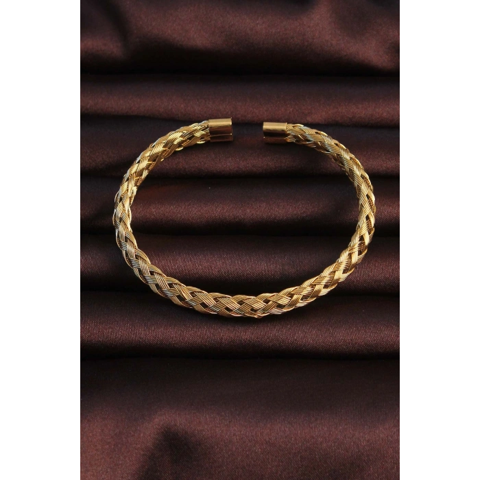316L Çelik Altın Renk Kalın Yassı Örgü Model Erkek Bileklik
