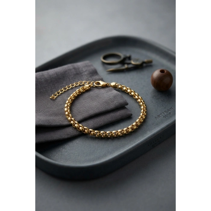 316L Çelik Gold Renk Box Zincir Model Erkek Bileklik