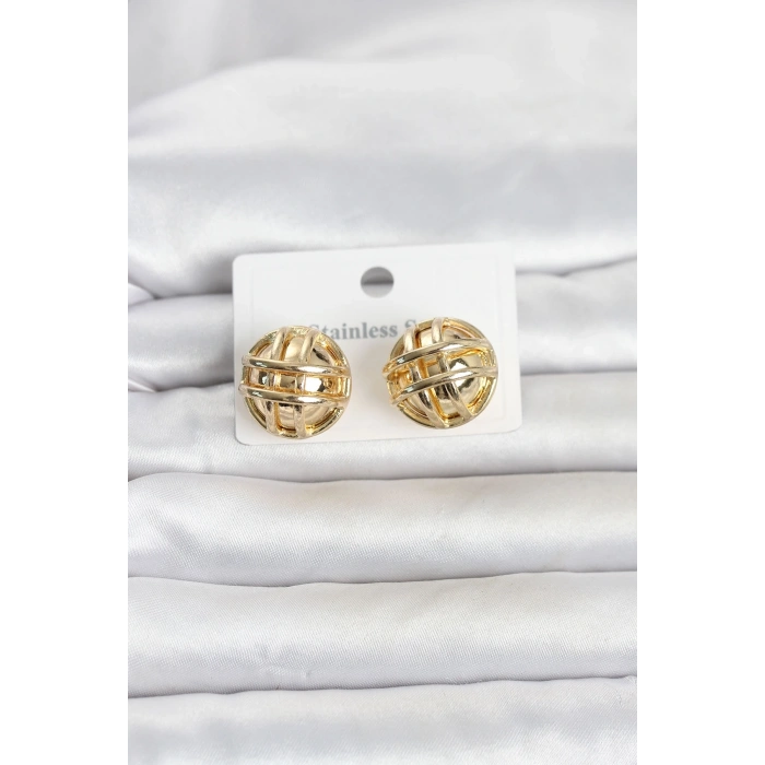 316L Çelik Gold Renk Desenli Top Model Kadın Küpe
