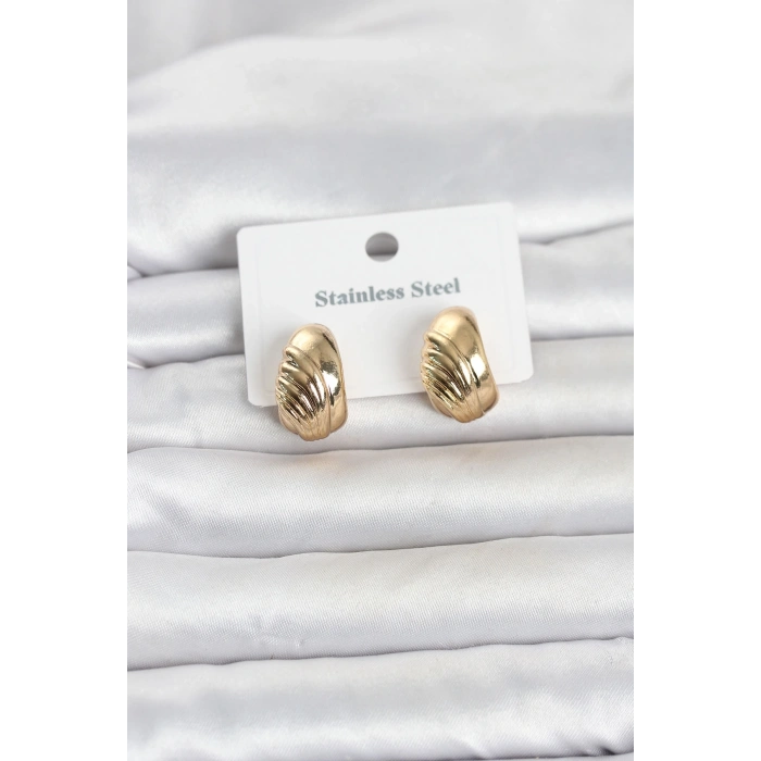 316L Çelik Gold Renk Desenli Yarım Halka Model Kadın Küpe