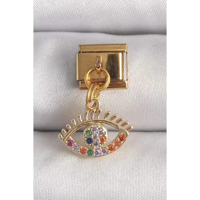 316L Çelik Gold Renk Sallantı Renkli Zirkon Taşlı Göz Model Nomination Charm