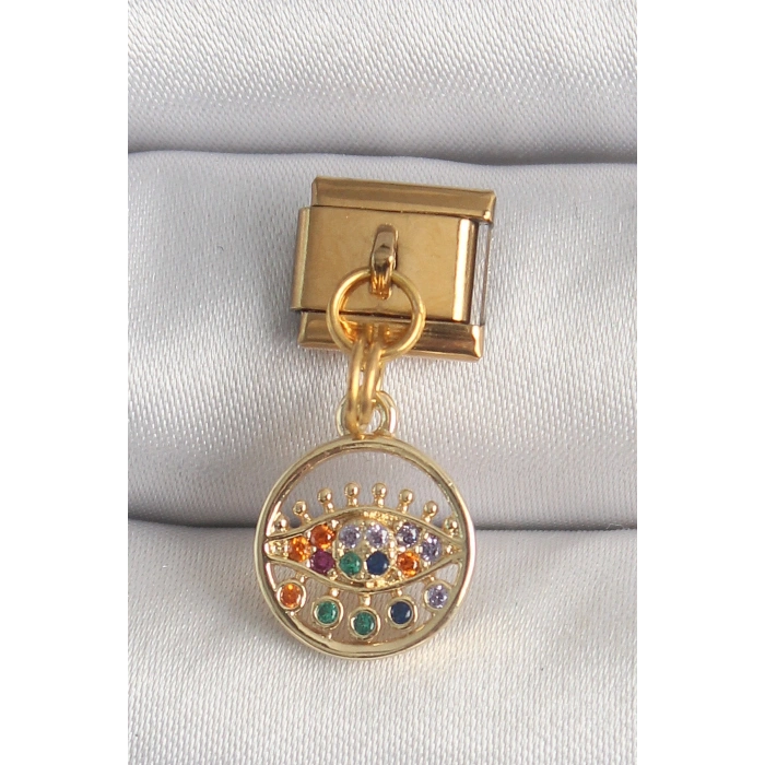 316L Çelik Gold Renk Sallantı Renkli Zirkon Taşlı Göz Model Nomination Charm