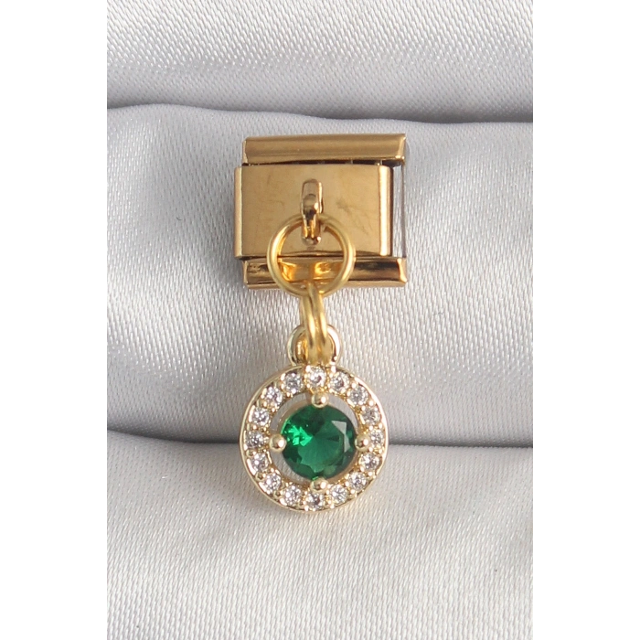 316L Çelik Gold Renk Sallantı Yeşil Zirkon Taşlı Nomination Charm