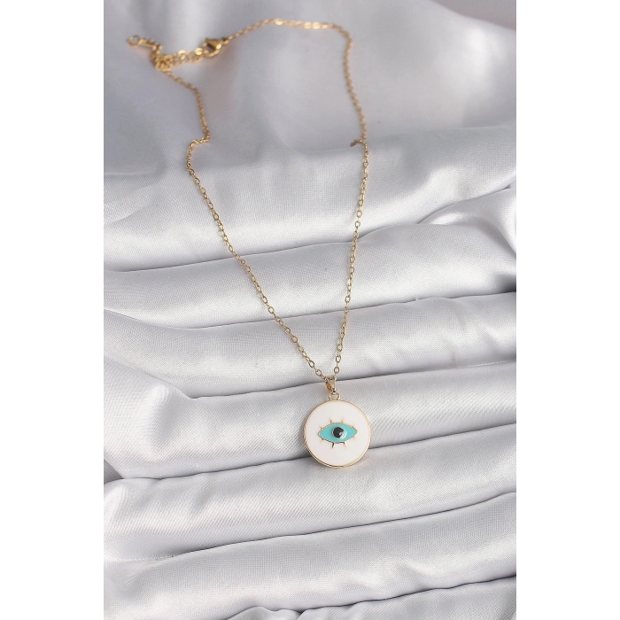 316L Çelik Gold Renk Zincir Beyaz Mineli Turkuaz Göz İşleme Model Kadın Kolye