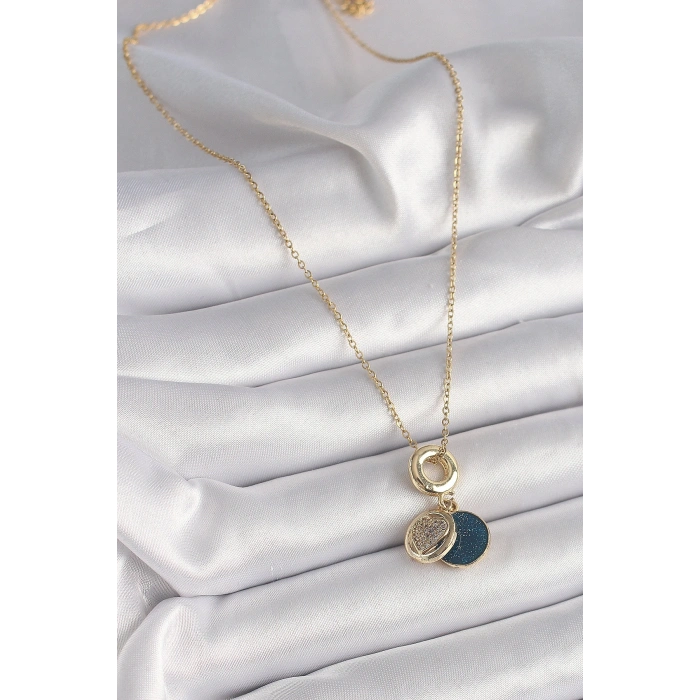 316L Çelik Gold Renk Zincir Zirkon Taşlı Kalp Model Mavi Simli Kadın Kolye