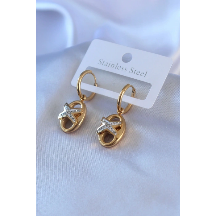 316L Çelik Gold Renk Zirkon Taş Detay Kadın Küpe