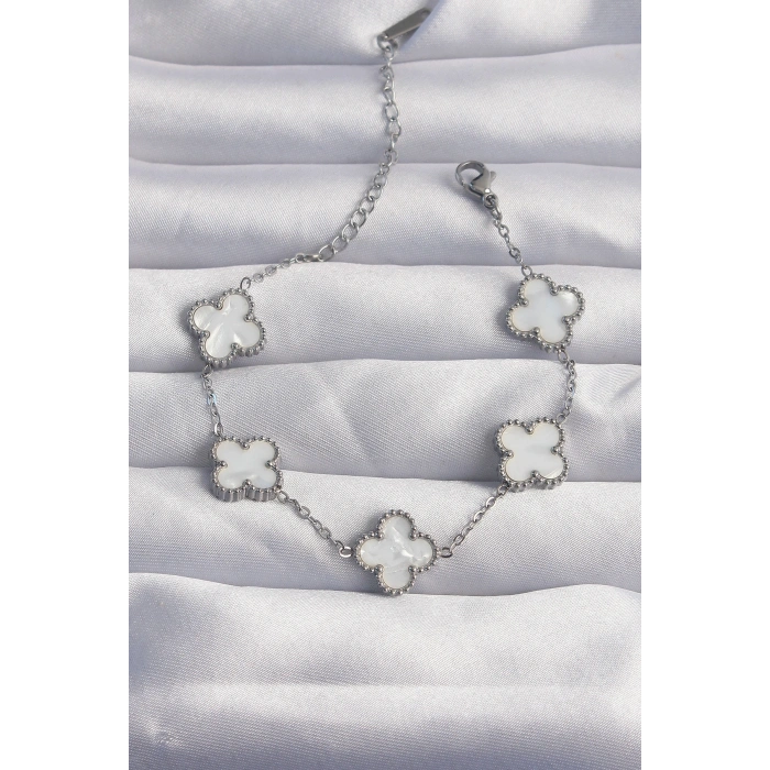 316L Çelik Gümüş Renk Beyaz Sedefli Yonca Bileklik