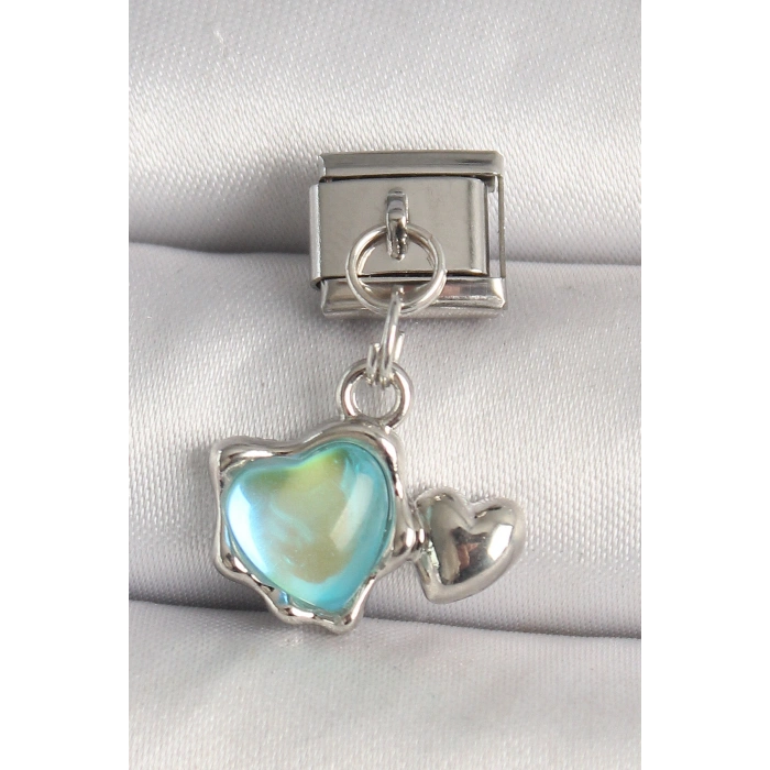 316L Çelik Gümüş Renk Mavi Mineli Kalp Model Nomination Charm