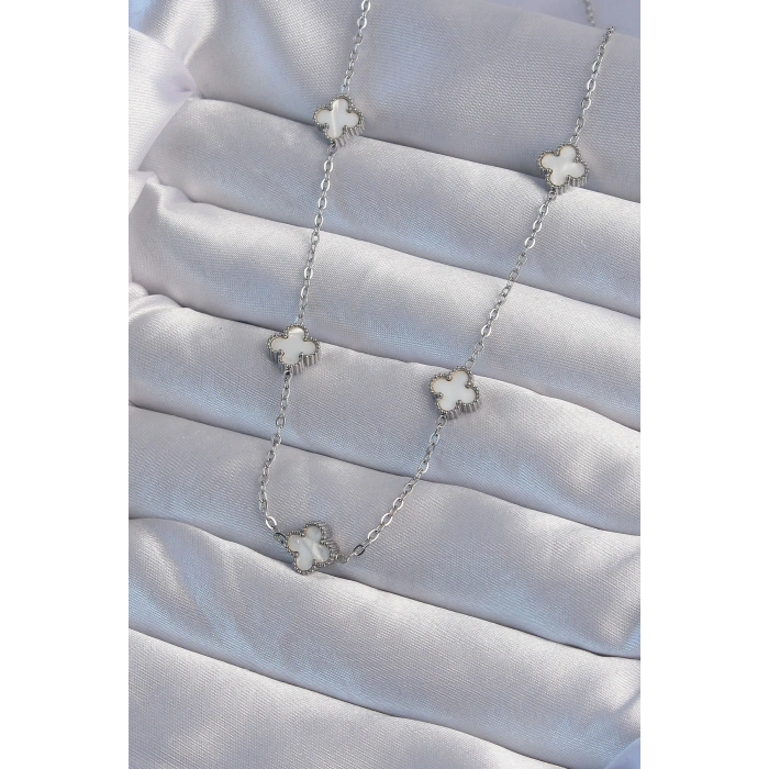 316L Çelik Gümüş Renk Minimal Beyaz Sedefli Yonca Kolye