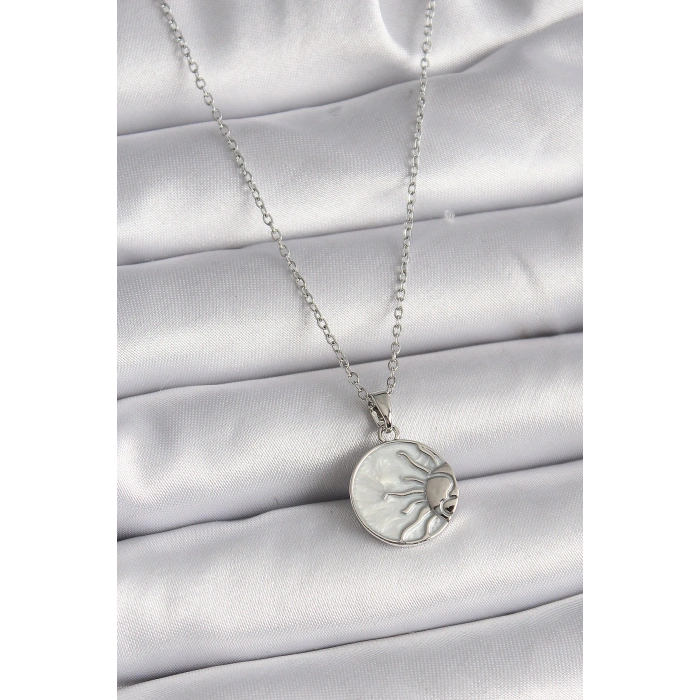316L Çelik Gümüş Renk Zincir Beyaz Sedefli Gün Batımı Model Kadın Kolye