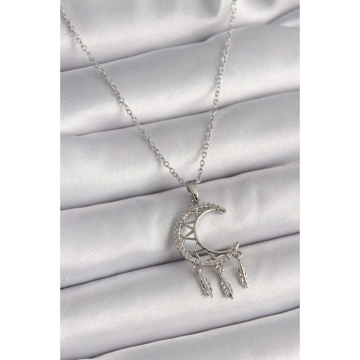 316L Çelik Gümüş Renk Zincir Zirkon Taşlı Hilal Model Sallantı Yaprak Detay Kadın Kolye