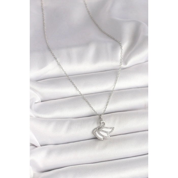 316L Çelik Gümüş Renk Zincir Zirkon Taşlı Kuğu Model Kadın Kolye