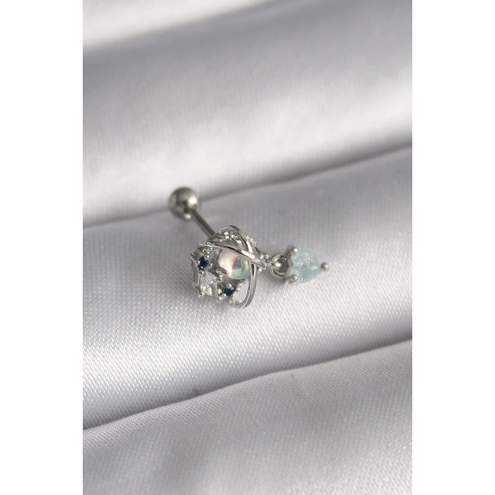 316L Çelik Gümüş Renk Zirkon Taşlı Sallantı Kalp Detay Tragus Piercing