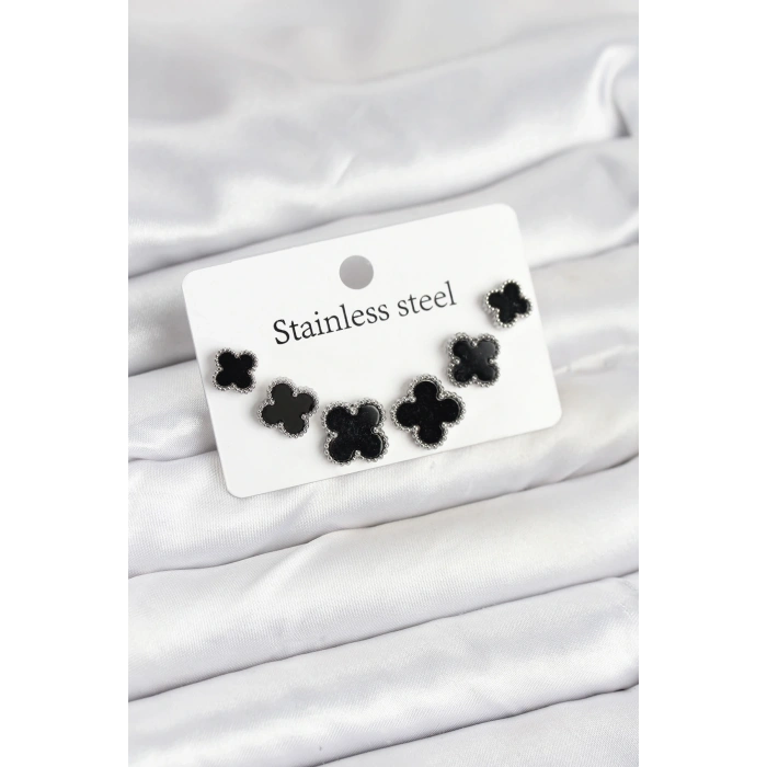 316L Çelik Gümüş Siyah Renk 3 Boy Yonca Küpe Seti