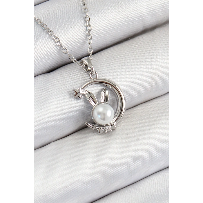 316L Çelik İnci Detaylı Hilal Tavşan Model Gümüş Renk Kadın Kolye