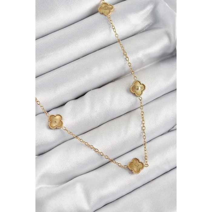 316L Çelik Yonca Model Gold Renk Kadın Kolye