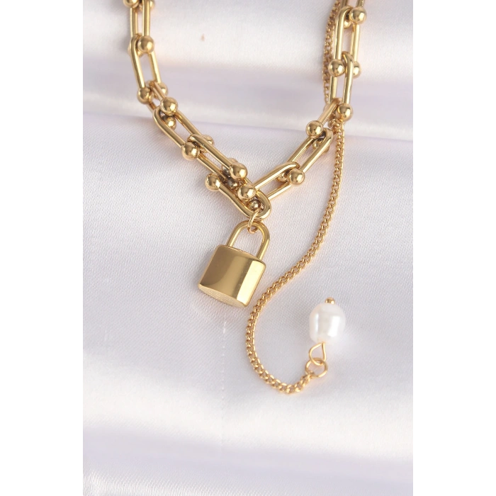 316L Çelik Zincir Altın Renk Zincirli Love Yazılı Kilit Kolye