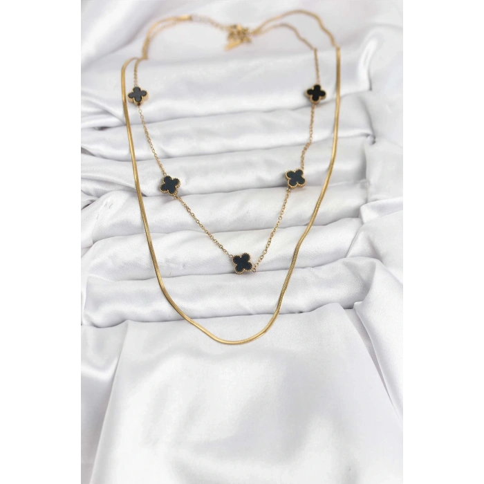 316L Çelik Zincir Gold Renk İtalyan Zincirli Siyah Yonca Model Kadın Kolye