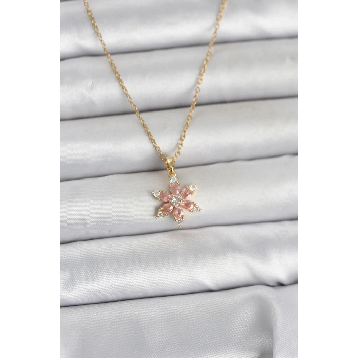 316L Çelik Zincir Gold Renk Pembe Lotus Model Kadın Kolye