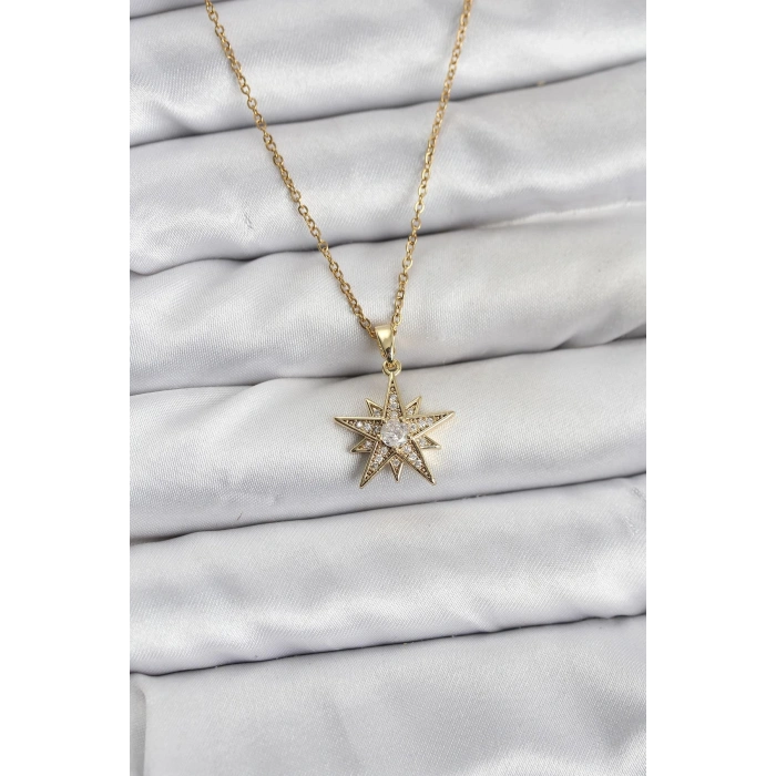 316L Çelik Zincir Gold Renk Yıldız Model Zirkon Taşlı Kadın Kolye