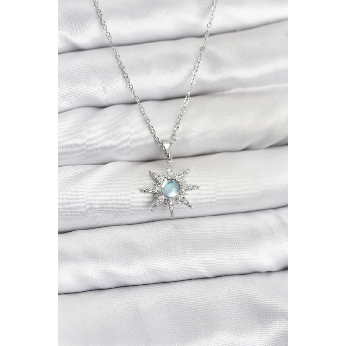 316L Çelik Zincir Gümüş Renk Kutup Yıldızı Model Zirkon Taşlı Kadın Kolye
