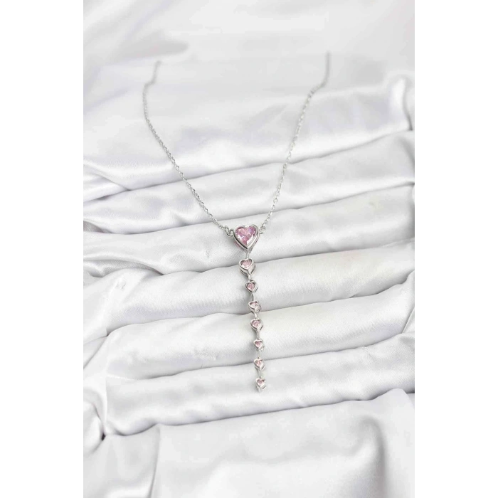 316L Çelik Zincir Gümüş Renk Pembe Kalp Kadın Kolye