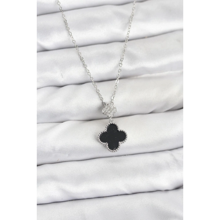 316L Çelik Zincir Gümüş Renk Yonca Model Zirkon Taşlı Kadın Kolye