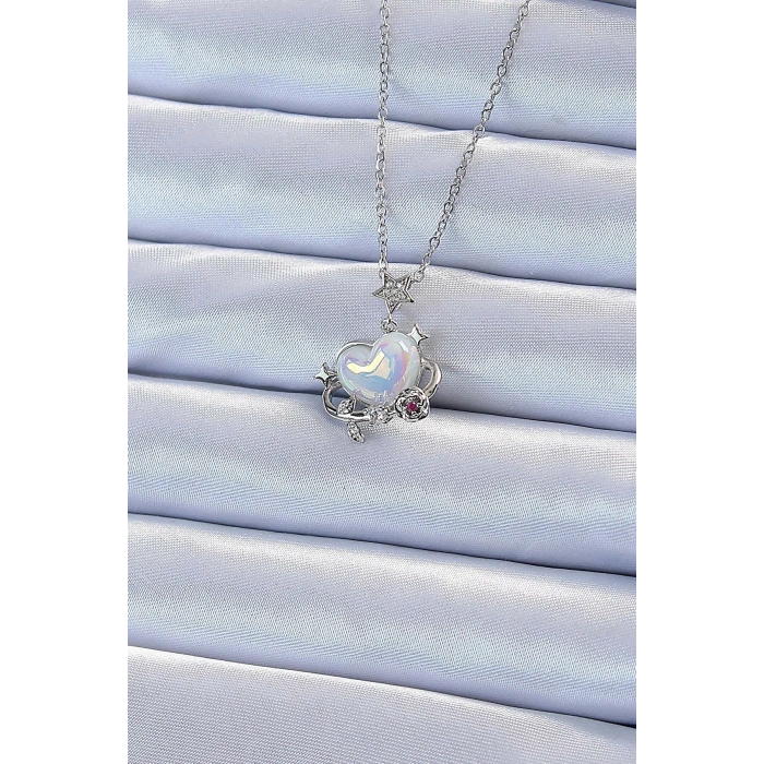 316L Çelik Zincir Gümüş Renk Zirkon Taşlı Gezegen Görünümlü Kalp Kolye