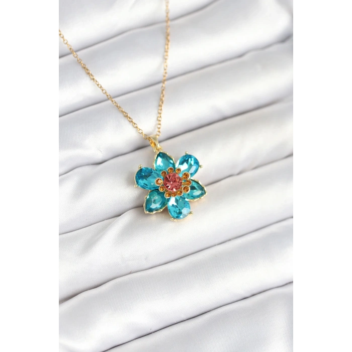 316L Çelik Zincirli Mavi Çiçek Model Kadın Kolye