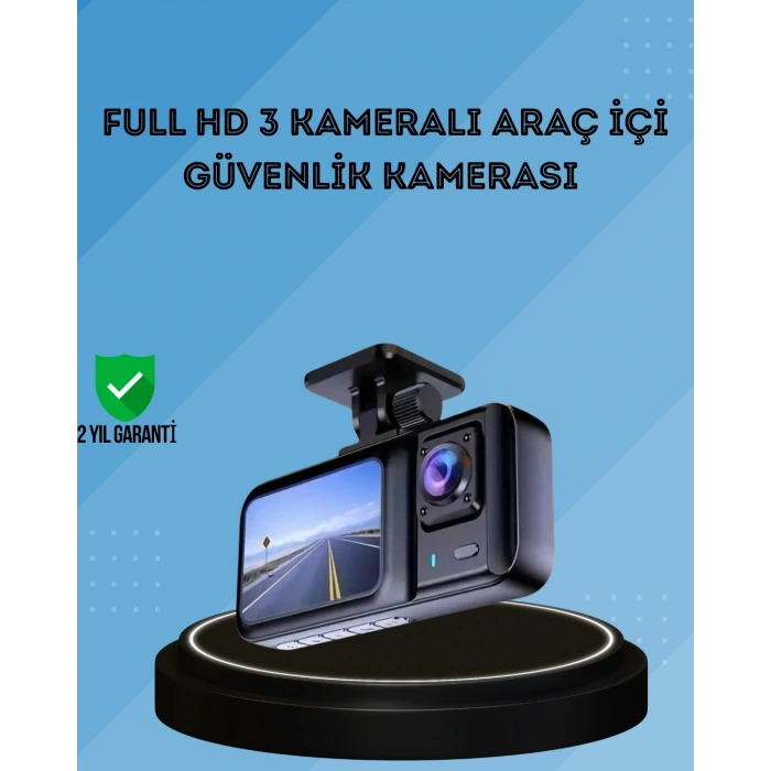 360° Kapsama Sahip Full HD Araç Kamerası 3’lü Kayıt Gece Görüşlü DashCam