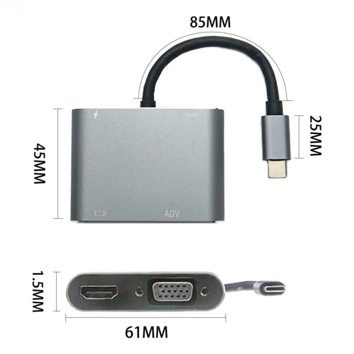 4’ü 1 Arada Type-C to Hub Dönüştürücü Adaptör – 4K Ultra HD HDMI &amp; VGA Görüntü Aktarımı, PD Hızlı Şarj Destekli, USB Çoklayıcı (5047)