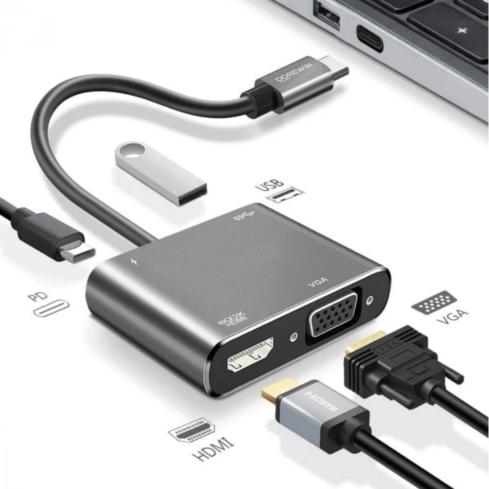 4’ü 1 Arada Type-C to Hub Dönüştürücü Adaptör – 4K Ultra HD HDMI &amp; VGA Görüntü Aktarımı, PD Hızlı Şarj Destekli, USB Çoklayıcı (5047)
