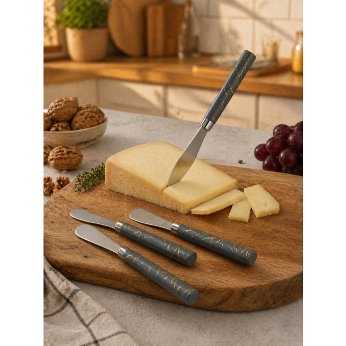 5 PARÇA  UZUN KAHVALTI BIÇAK - GRİ MERMER DESEN SAPLI 16.5 cm (5047)