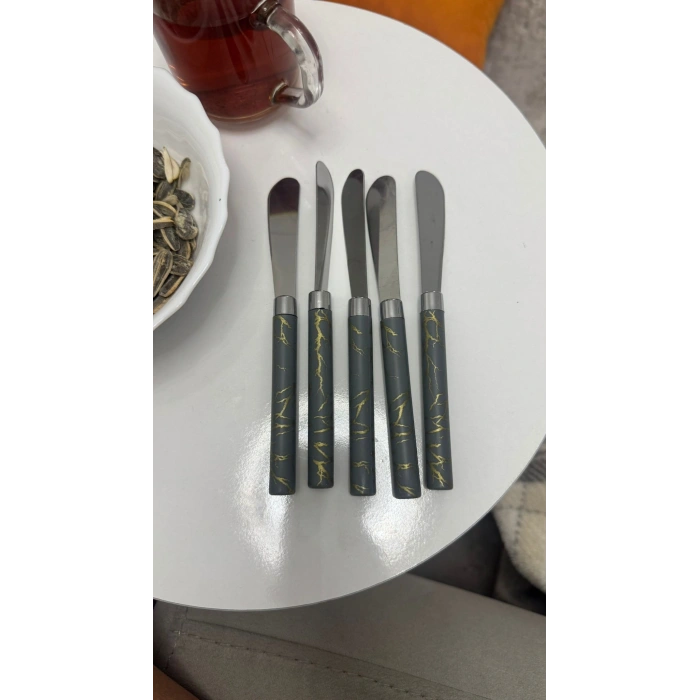 5 PARÇA  UZUN KAHVALTI BIÇAK - GRİ MERMER DESEN SAPLI 16.5 cm (5047)