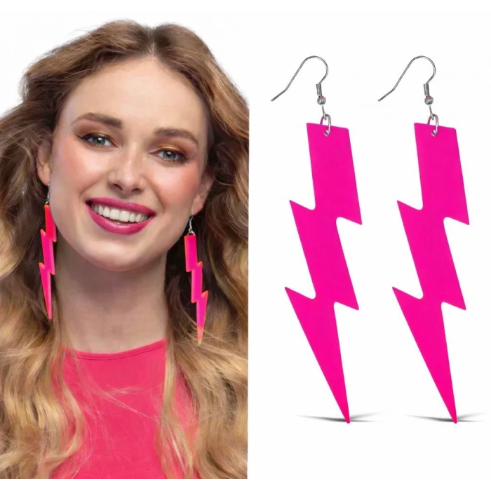 80’ler 90'lar Retro Neon Pembe Şimşek Küpe 10 cm (5047)