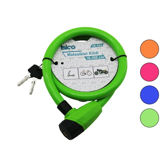 ANAHTARLI KALIN MOTOR - BİSİKLET KİLİT ÇELİK TEL RENKLİ KILIF 18MMX100CM (5047)