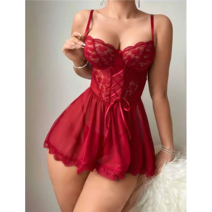 Arias Closet Bordo Dantel İşlemeli Tül Fantezi Gecelik
