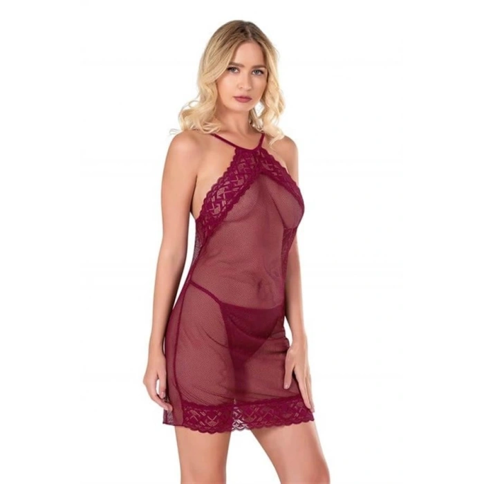 Arias Closet Bordo Kısa File-Tül Gecelik 8132