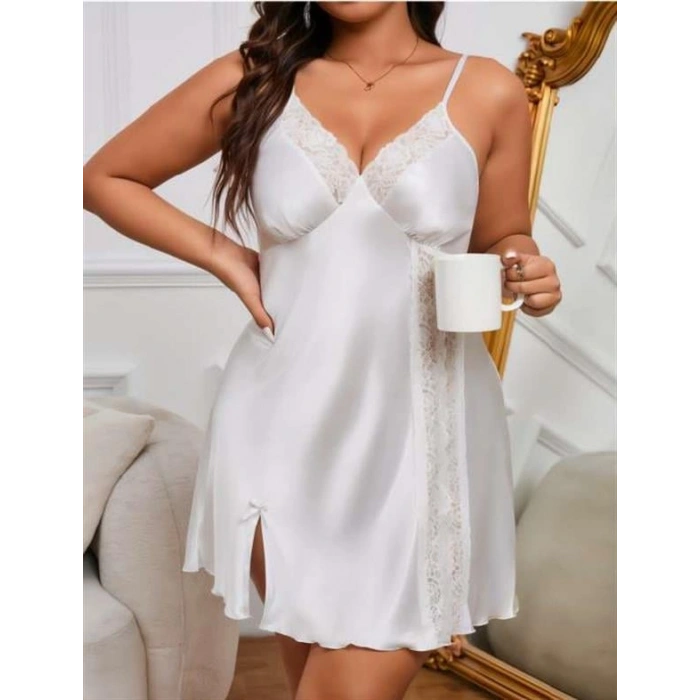 Arias Closet Büyük Beden Dantel İşlemeli Beyaz Saten Gecelik