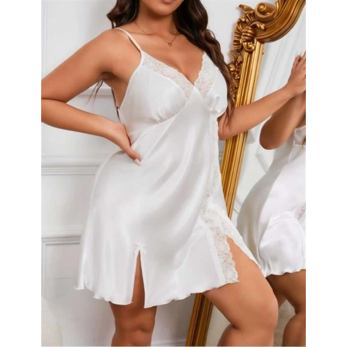Arias Closet Büyük Beden Dantel İşlemeli Beyaz Saten Gecelik