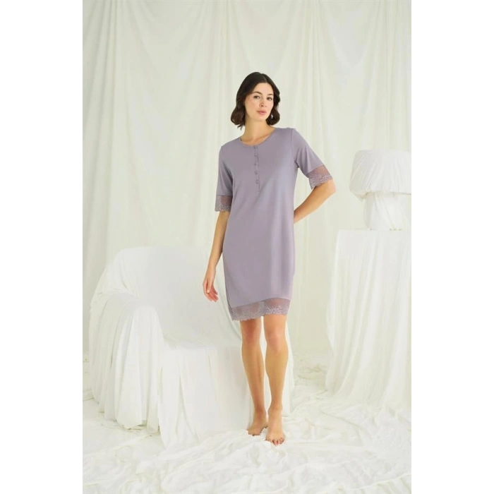 Arias Closet Dantel Detaylı Kısa Kollu ve Önü Düğmeli Gecelik