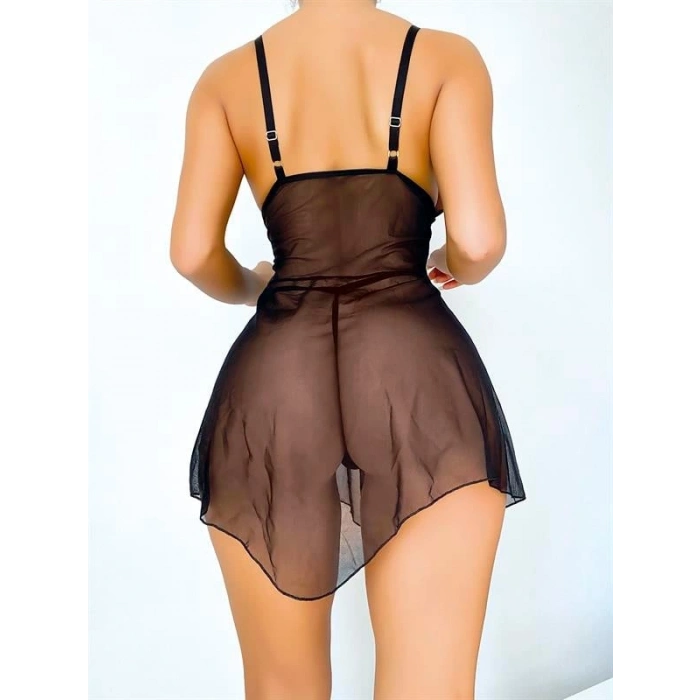 Arias Closet Dantel İşlemeli Kurdelalı Fantezi Siyah Gecelik Takımı