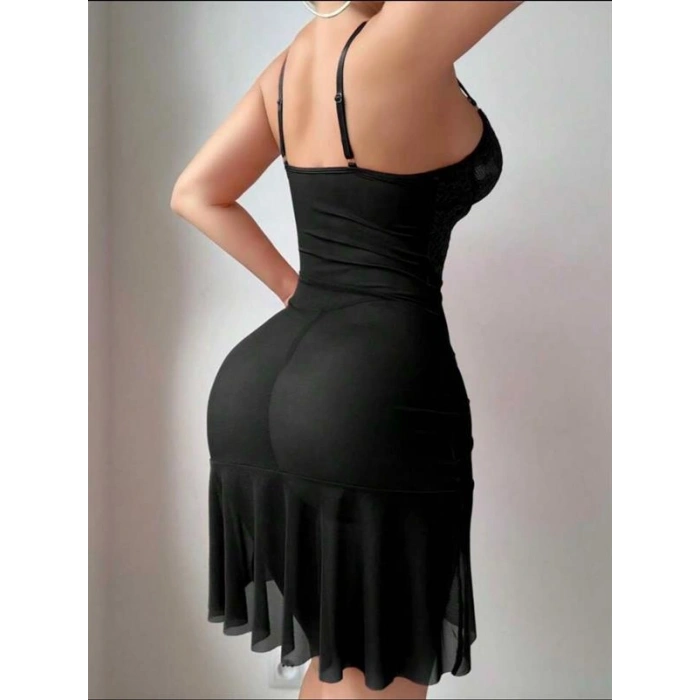 Arias Closet Fırfırlı Dantel İşlemeli Tül Fantezi Siyah Gecelik