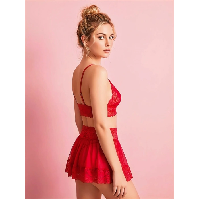 Arias Closet Kırmızı Dantel İşlemeli Kurdelalı Büstiyer Etek Takımı