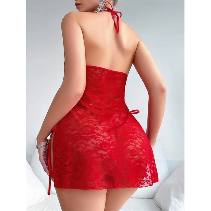 Arias Closet Kırmızı Dantel İşlemeli Yandan Bağlamalı Fantezi Tül Gecelik