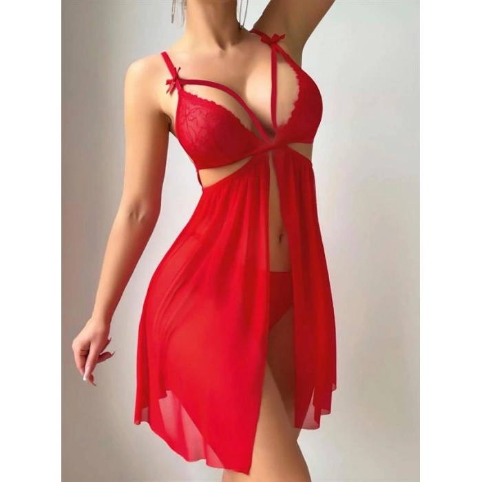 Arias Closet Kırmızı Göğüs İp Detaylı Dantel İşlemeli Tül Gecelik