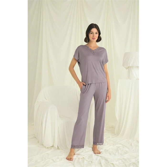Arias Closet Kısa Kollu V Yakalı Dantelli Pijama Takımı