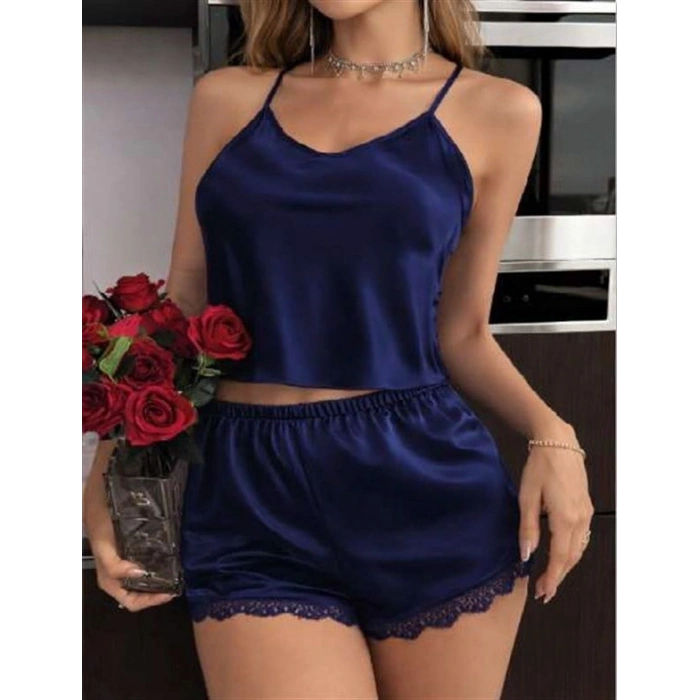 Arias Closet Lacivert İnce Askılı Dantel İşlemeli Saten Şortlu Takım
