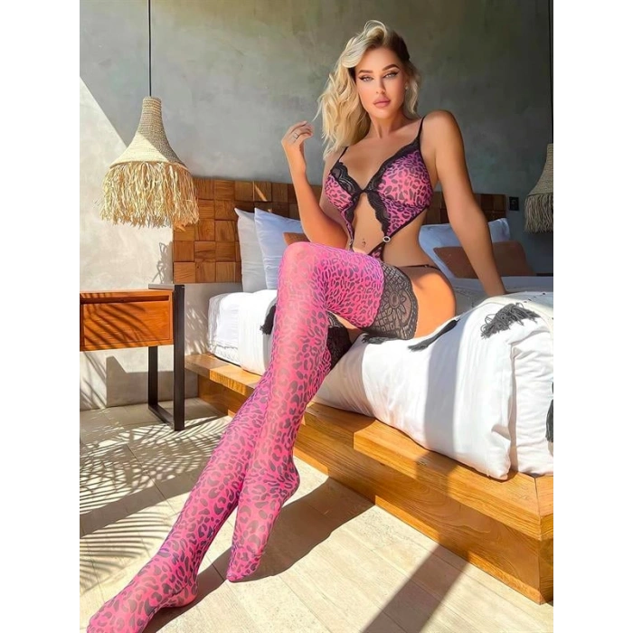 Arias Closet Leopar Desenli Dantel Jartiyer Çoraplı Fantezi Body